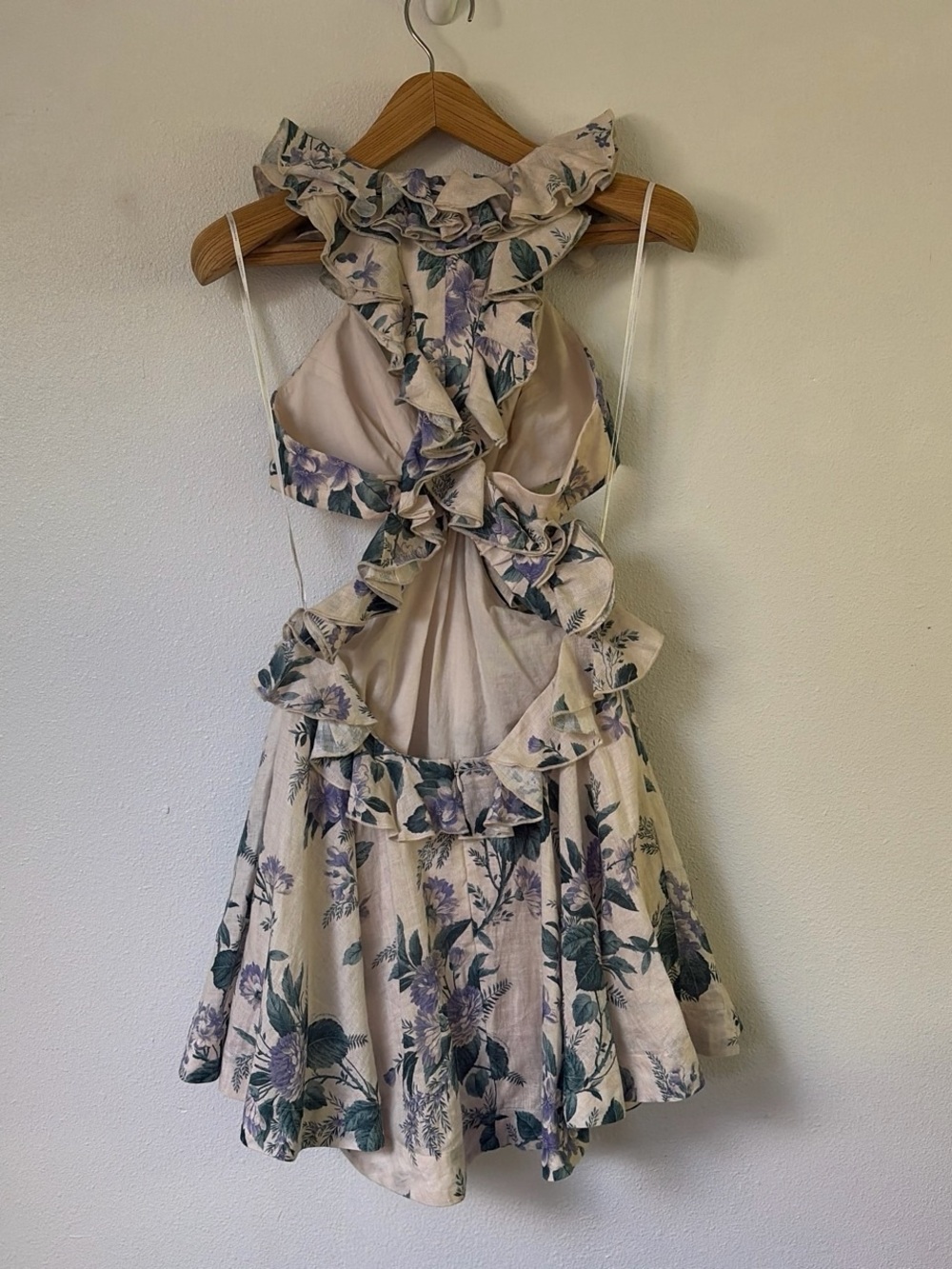 Zimmermann | Cream Hydrangea Floral Print Linen Cassia Mini Dress - Picture 6 of 9